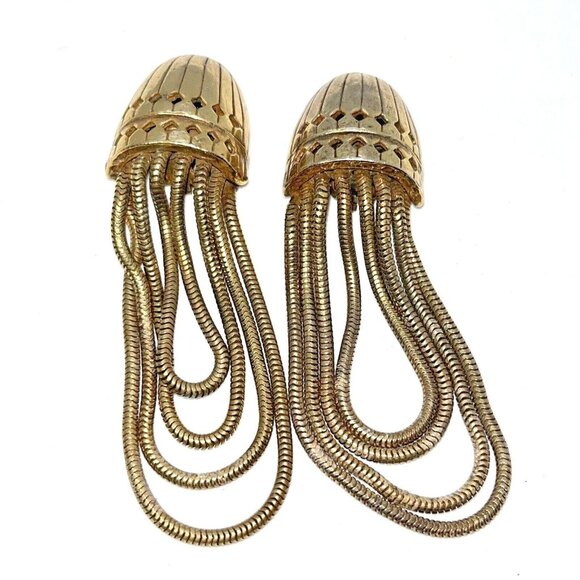 Graduated Looped Snake Chain Gold Toned Clip Earrings Art Deco Vintage - Picture 1 of 12